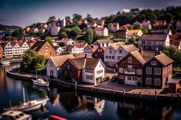 Obraz premium Stunning Tilt-Shift Panorama of Stavanger's Scenic Harbor and Colorful Architecture