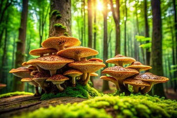 Stunning Tilt-Shift Photography of Large Fungi Dryads Saddle in Lush Forest Setting