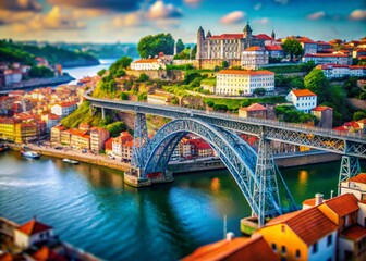 Stunning Tilt-Shift Photography of Puente Oporto with Vibrant Cityscape and River Reflections