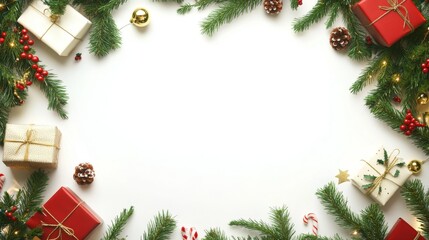 Festive arrangement featuring Christmas decorations, including red gifts, ornaments, and greenery, creating a cheerful holiday atmosphere. copy space
