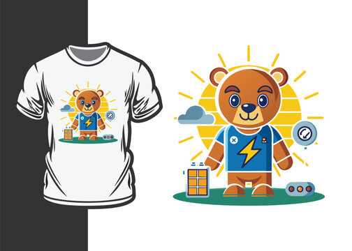 A t-shirt with a bear on it. The bear is smiling and wearing a blue shirt