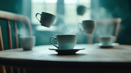 Floating cups of steaming coffee create a surreal scene in a cozy, dimly lit room, AI