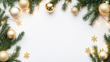 A festive arrangement of evergreen branches and golden ornaments, creating a warm, inviting frame for holiday messages or decorations. copy space