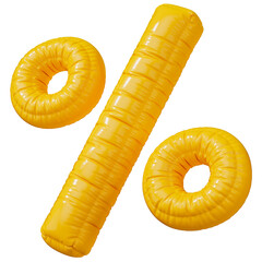 Percent sign. 3d symbol in the shape of a balloon, isolated on a transparent background. An inflatable balloon of bright yellow color with a glossy texture.