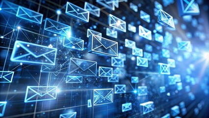 Obraz premium Abstract digital illustration of blue email icons floating in a network of digital connections.