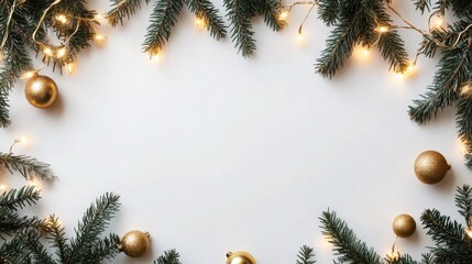 A festive arrangement of evergreen branches and golden ornaments, creating a warm, inviting frame for holiday messages or decorations. copy space