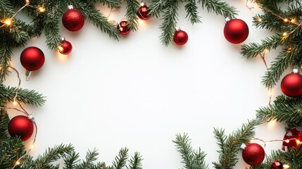 Festive arrangement of red Christmas ornaments and evergreen branches with soft glowing lights, creating a cheerful holiday atmosphere. copy space