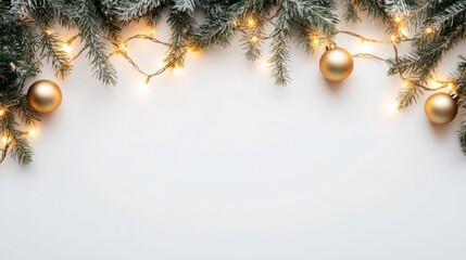 A festive arrangement of evergreen branches and golden ornaments, creating a warm, inviting frame for holiday messages or decorations. copy space