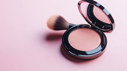 A compact blush with a brush, set against a soft pink background for beauty application.