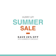 HURRY UP SUMMER SALE SAVE 20% OFF WITH SUMMER AT CHECKOUT VECTOR DISCOUNT BANNER