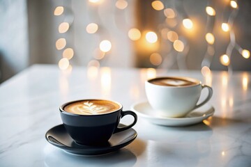 Obraz premium Stylish Coffee Moments: Black and Latte on White Table for Trendy Lifestyle Shots
