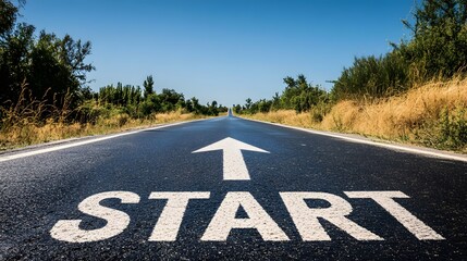 A Straight Asphalt Road Leading to the Word Start with an Upward Arrow
