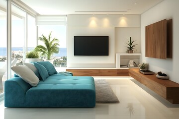 Modern Living Room with Teal Sectional Sofa and Ocean View