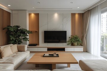 Modern Living Room Interior with Beige Sofa, Wooden Coffee Table, and TV