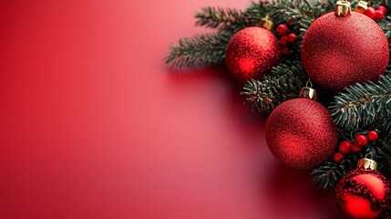 Evergreen branches, red ornaments, and pinecones against a rich red background, evoking the spirit of Christmas. copy space