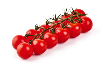 Bunch of tomatoes on the vine, isolated on white background.
