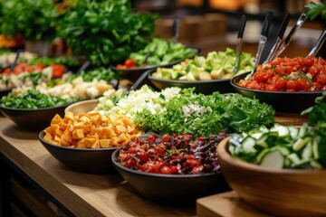 Variety of fresh salads in bowls. A perfect image for promoting healthy eating, restaurants, or food blogs.