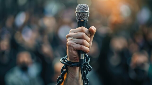 A journalist's hand holding a microphone on a chain. Person giving a speech. Concept of censorship, journalistic reporting.