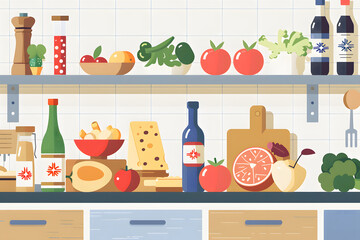 Kitchen countertop full of fresh organic groceries illustrating healthy lifestyle