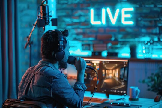 Studio content creator: blogger livestreamer employing a phone, podcast microphone for streaming, delivering business reviews, engaging audience, promoting via live sessions, optimizing online reach.