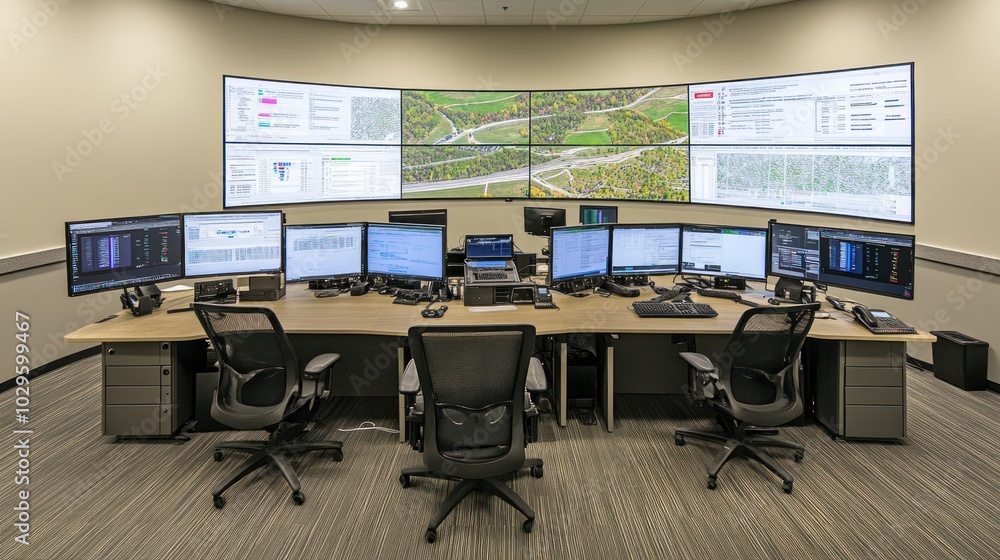 Aufkleber modern control room with multiple monitors and workstations