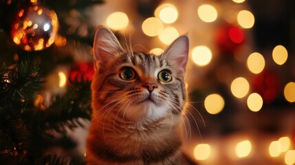 Cat gazes at Christmas lights at night
