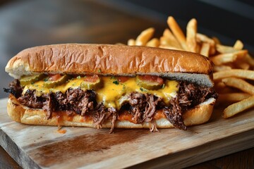 Beef sandwich with cheese & pickles. Perfect for food blogs, restaurant menus, & fast food promotions.