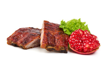 Grilled pork ribs with barbecue sauce, lettuce, and cherry tomatoes, isolated on white background.
