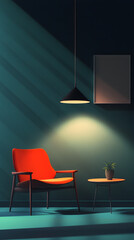 A red chair is sitting in front of a table with a potted plant on it