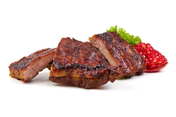Grilled pork ribs with barbecue sauce, lettuce, and cherry tomatoes, isolated on white background.