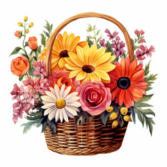 Obraz premium Vibrant Floral Basket Illustration with Roses, Daisies, and Sunflowers - Perfect for Spring and Summer Designs