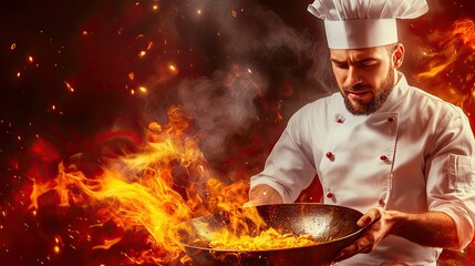 Chef cooking with fire. This image is perfect for illustrating food, cooking, and heat.