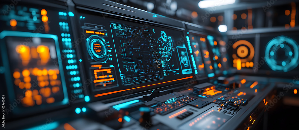 Poster a computer monitor with a blue background and orange and yellow buttons