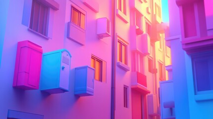 Vibrant pastel buildings bathed in neon pink and blue light create a surreal urban scene, AI
