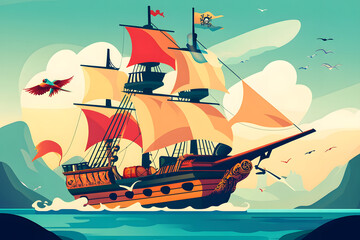 A flat illustration of a pirate ship on the high seas, with a colorful crew, treasure chests, and a parrot perched on the mast