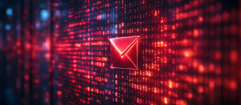 A red envelope is displayed on a computer screen with a lot of binary code