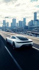 Futuristic Electric Car on Highway. City Skyline and Modern Transport.