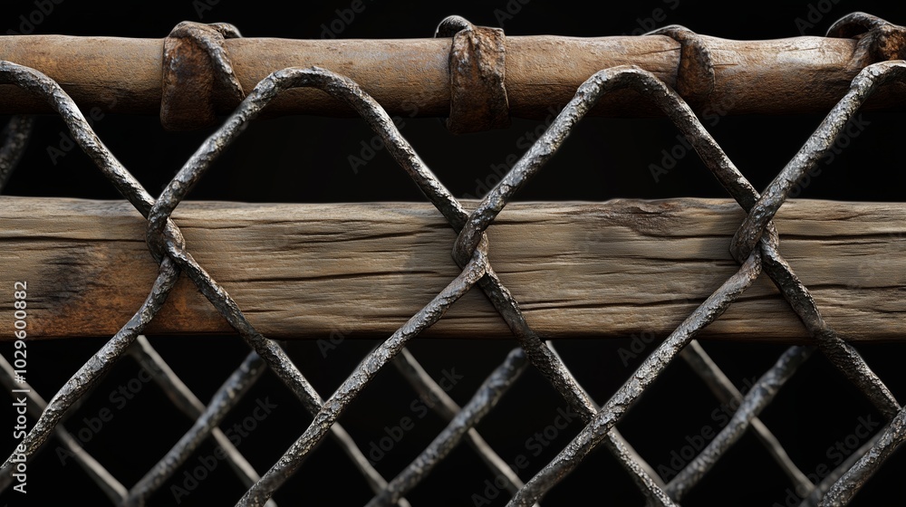 Poster close-up view of a weathered wooden fence intertwined with rusty wire, showcasing rustic charm and n