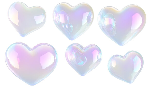 A set of heart shaped, translucent soap bubbles with iridescent reflections, floating in various sizes, isolated on transparent background