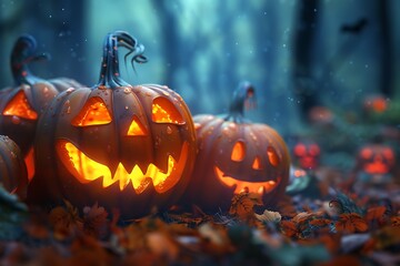 Fototapeta premium Hyper realistic Halloween background, pumpkins in dark forest, 8K banner.