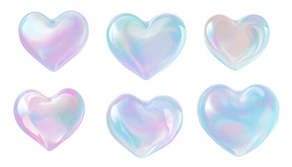 A set of heart shaped, translucent soap bubbles with iridescent reflections, isolated on transparent background