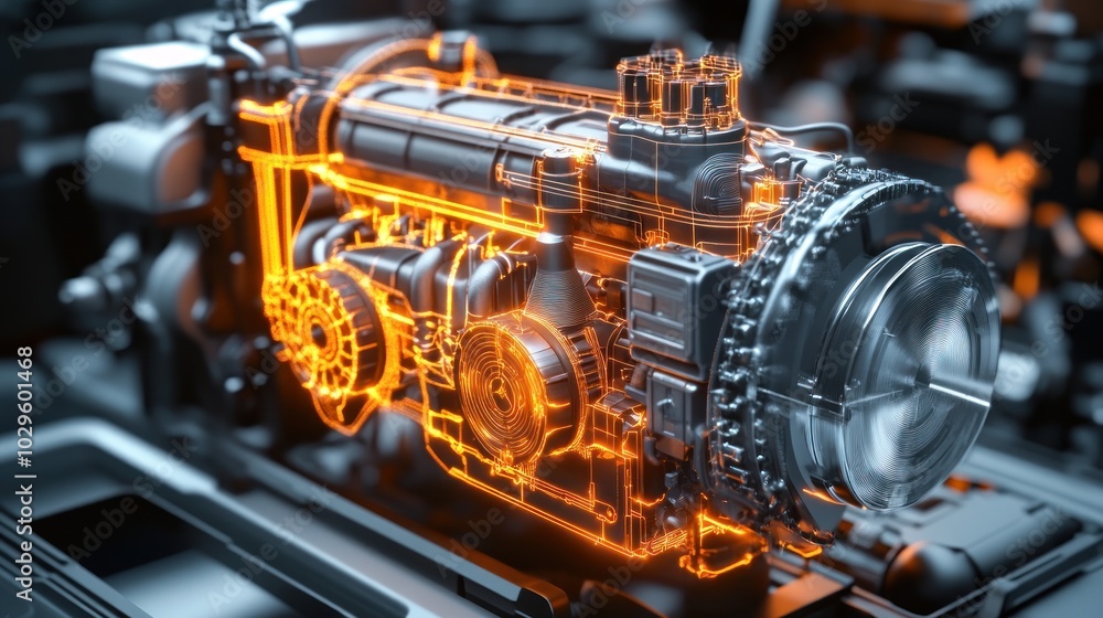 Poster Close-up of a Detailed Engine Model with Glowing Lines