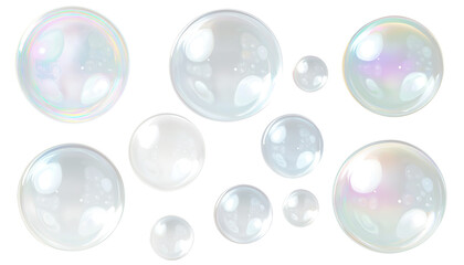 A set of round, translucent soap bubbles with iridescent reflections, floating in various sizes, isolated on a transparent background