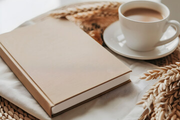 Fototapeta premium Blank notebook laying on table with coffee and wheat decoration