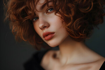 Fototapeta premium Beautiful redhead woman with freckles posing in studio