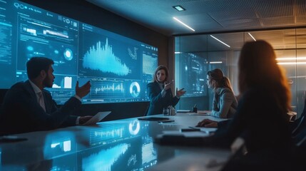 Diverse Professionals Collaborating in Modern Boardroom. Interactive Digital Screen Meeting.