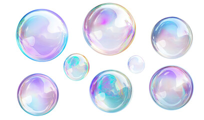 A set of round, translucent soap bubbles with iridescent reflections, floating in various sizes, isolated on a transparent background