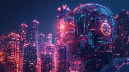Obraz premium A futuristic cityscape with a digital humanoid figure surrounded by neon lights.