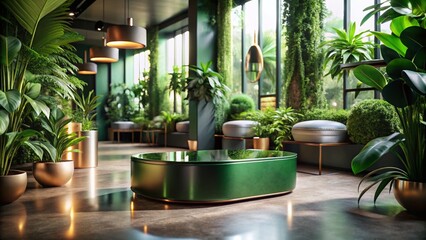 Surreal Elegance: Dark Green Metal Box in Modern Interior with Plants and Mirrors