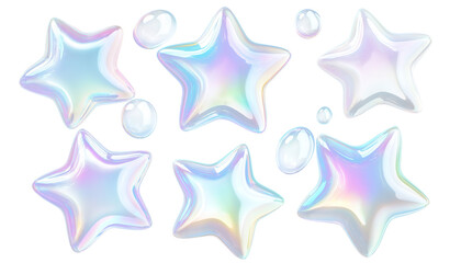 A set of star shaped, translucent soap bubbles with iridescent reflections, floating in various sizes, isolated on transparent background